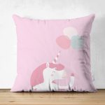 - Suet-K-4552p - Realhomes  Çift Taraflı Pembe Zeminde Unicorn At Tasarımlı Bebek Odası Süet Yastık Kırlent Kılıfı Realhomes