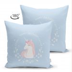 Çift Taraflı Mavi Zeminde Unicorn At Tasarımlı Bebek Odası Süet Yastık Kırlent Kılıfı Realhomes