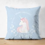Çift Taraflı Mavi Zeminde Unicorn At Tasarımlı Bebek Odası Süet Yastık Kırlent Kılıfı Realhomes