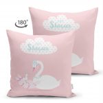 Çift Taraflı Pembe Zeminde Kuğu Motifli Özel Tasarım Bebek Odası Süet Yastık Kırlent Kılıfı Realhomes