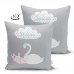 Çift Taraflı Gri Zeminde Kuğu Motifli Özel Tasarım Bebek Odası Süet Yastık Kırlent Kılıfı Realhomes