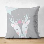 - Suet-K-4565 - Realhomes  Çift Taraflı Gri Zeminli Sevimli Geyik Tasarımlı Bebek Odası Süet Yastık Kırlent Kılıfı Realhomes