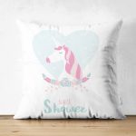Çift Taraflı Beyaz Zeminli Mavi Kalpli Unicorn Desenli Çocuk Odası Süet Yastık Kırlent Kılıfı Realhomes