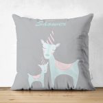 Çift Taraflı Gri Zeminde Unicorn Geyikler Tasarımlı Çocuk Odası Süet Yastık Kırlent Kılıfı Realhomes