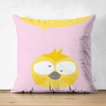 - Suet-K-4585p - Realhomes Çift Taraflı Pembe Zeminde Sarı Kuş Motifli Dijital Baskılı Çocuk Odası Süet Yastık Kırlent Kılıfı Realhomes