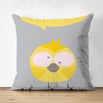 - Suet-K-4586 - Realhomes Çift Taraflı Gri Zeminde Sarı Kuş Motifli Dijital Baskılı Çocuk Odası Süet Yastık Kırlent Kılıfı Realhomes