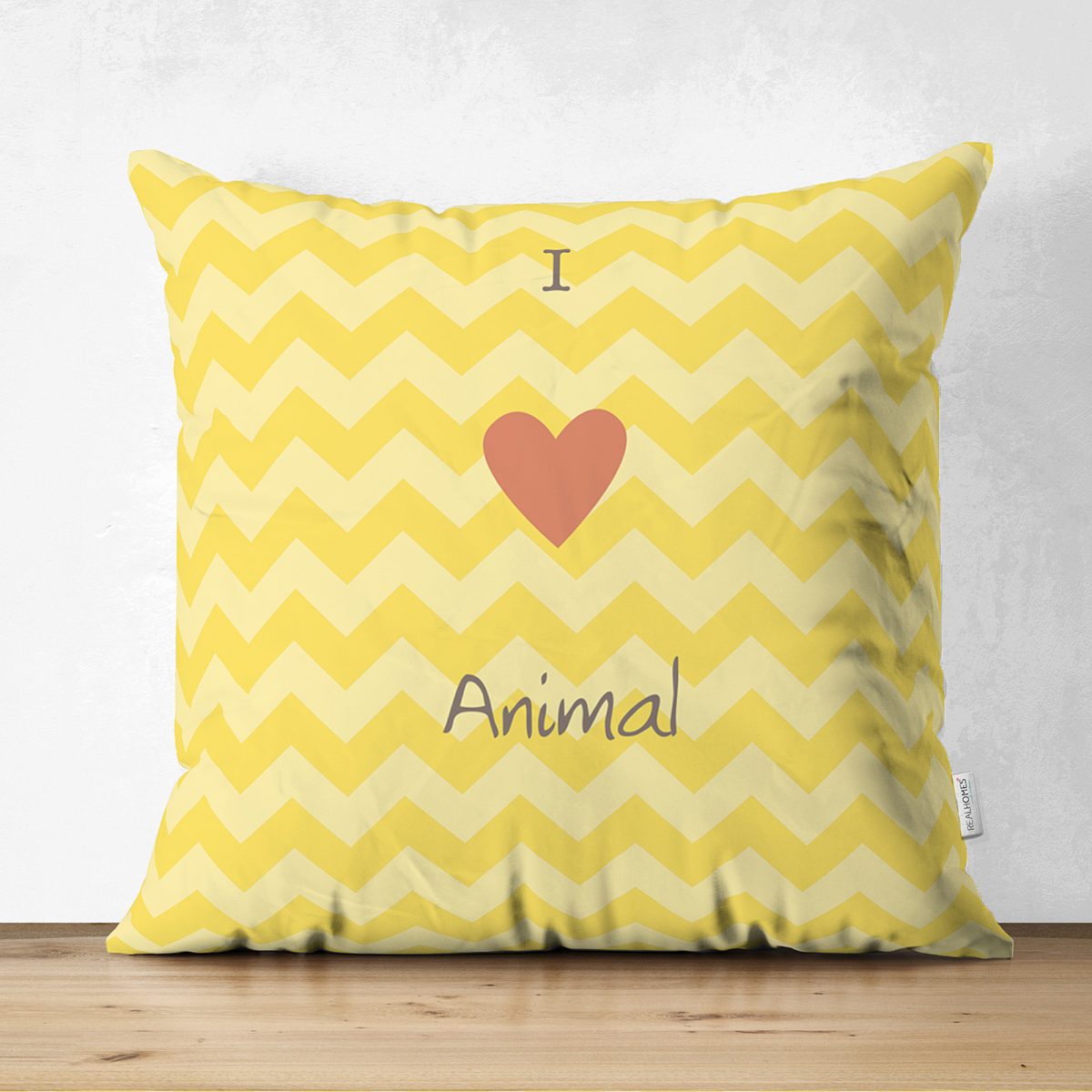 Çift Taraflı Sarı Zigzaglı I Love Animal Desenli Çocuk Odası Süet Yastık Kırlent Kılıfı Realhomes