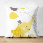 - Suet-K-4594 - Realhomes Çift Taraflı Beyaz Zeminde Uçan Balonlar ve Fil Desenli Çocuk Odası Süet Yastık Kırlent Kılıfı Realhomes