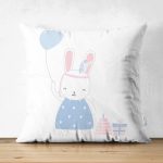 - Suet-K-4815 - Realhomes Çift Taraflı Beyaz Zeminde Balonlu Sevimli Tavşan Çocuk Odası Süet Yastık Kırlent Kılıfı Realhomes