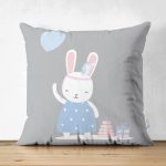- Suet-K-4816 - Realhomes Çift Taraflı Gri Zeminde Balonlu Sevimli Tavşan Çocuk Odası Süet Yastık Kırlent Kılıfı Realhomes