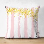 Çift Taraflı Pembe Beyaz Çizgili Sarı Puanlı Temalı Çocuk Odası Süet Yastık Kırlent Kılıfı Realhomes