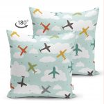 Realhomes Çift Taraflı Uçak Desenli Bulutlar Dijital Baskılı Modern Süet Kırlent Kılıfı Realhomes