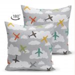 Realhomes Çift Taraflı Uçak Desenli Bulutlar Dijital Baskılı Modern Süet Kırlent Kılıfı Realhomes