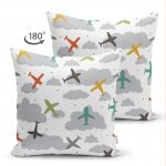 Realhomes Çift Taraflı Uçak Desenli Bulutlar Dijital Baskılı Modern Süet Kırlent Kılıfı Realhomes