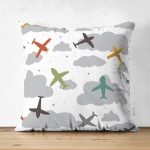 Realhomes Çift Taraflı Uçak Desenli Bulutlar Dijital Baskılı Modern Süet Kırlent Kılıfı Realhomes