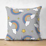 - Suet-K-4900 - Realhomes Realhomes Çift Taraflı Gri Zeminde Unicorn Gökkuşağı Dijital Baskılı Modern Süet Kırlent Kılıfı Realhomes