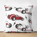 - Suet-K-4907 - Realhomes Realhomes Çift Taraflı Yarış Arabalı Dijital Baskılı Modern Süet Kırlent Kılıfı Realhomes