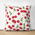 - Suet-K-4945 - Realhomes  Realhomes Çift Taraflı Beyaz Zeminde Kiraz Desenli Dijital Baskılı Modern Süet Yastık Kılıfı Realhomes