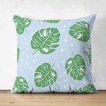 - Suet-K-4952 - Realhomes  Realhomes Çift Taraflı Mavi Zeminde Yapraklar Dijital Baskılı Modern Süet Yastık Kılıfı Realhomes