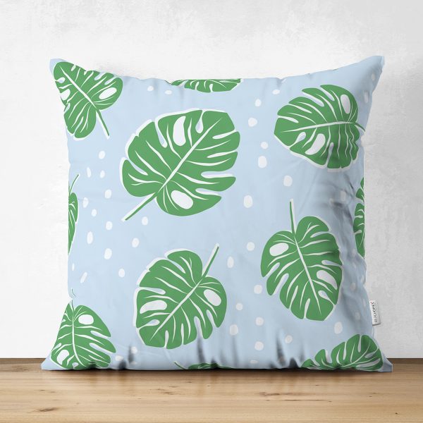 - Suet-K-4952 - Realhomes  Realhomes Çift Taraflı Mavi Zeminde Yapraklar Dijital Baskılı Modern Süet Yastık Kılıfı Realhomes