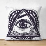 - Suet-K-5013 - Realhomes  Beyaz Zeminde Lacivert Üçüncü Göz Çift Taraflı Dijital Baskılı Dekoratif Süet Yastık Kırlent Kılıfı Realhomes