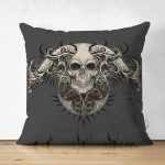 - Suet-K-5016 - Realhomes Gri Zeminde Kuru Kafa Motifli Çift Taraflı Özel Tasarım Süet Kırlent Kılıfı Realhomes