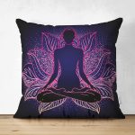 - Suet-K-5032 - Realhomes Çift Taraflı Pembe Neon Motifli Uzak Doğu Yoga Desenli Süet Kırlent Kılıfı Realhomes