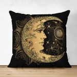 - Suet-K-5038 - Realhomes Realhomes Çift Taraflı Özel Tasarım Gold Ay Desenli Saat Süet Kırlent Kılıfı Realhomes