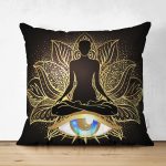 Altın Motifli Yoga Ve Mavi Göz Desenli Özel Tasarım Çift Taraflı Dijital Baskılı Süet Yastık Kılıfı Realhomes
