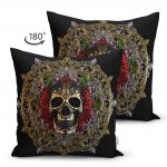 - Suet-K-5049-1 - Realhomes Gold Çerçeve İçerisinde Gül Kuru Kafa Motifli Çift Taraflı Dekoratif Süet Kırlent Kılıfı Realhomes