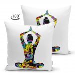 - Suet-K-5050-1 - Realhomes Çift Taraflı Beyaz Zeminde Gökkuşağı Yoga Desenli Süet Kırlent Kılıfı Realhomes