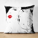 - Suet-K-5083 - Realhomes Çift Taraflı Kırmızı Rujlu Siyah Beyaz Fashion Girl Motifli Süet Kırlent Kılıfı Realhomes
