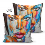 - Suet-K-5088-1 - Realhomes Sulu Boyalı Kadın Yüzlü Çift Taraflı Dekoratif Modern Süet Kırlent Kılıfı Realhomes