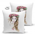 - Suet-K-5094-1 - Realhomes Beyaz Zeminde Rankli Kalem Çizimli Çift Taraflı Dekoratif Modern Süet Yastık Kılıfı Realhomes