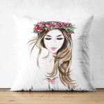 - Suet-K-5094 - Realhomes Beyaz Zeminde Rankli Kalem Çizimli Çift Taraflı Dekoratif Modern Süet Yastık Kılıfı Realhomes