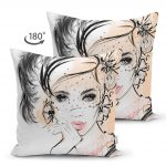 - Suet-K-5103-1 - Realhomes Karakalem Çizimli Fashion Women Çift Taraflı Dekoratif Süet Kırlent Kılıfı Realhomes