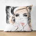 - Suet-K-5103 - Realhomes Karakalem Çizimli Fashion Women Çift Taraflı Dekoratif Süet Kırlent Kılıfı Realhomes