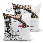 - Suet-K-5104-1 - Realhomes  Çift Taraflı Şapkalı Fashion Girl Desenli Süet Kırlent Kılıfı Realhomes