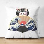 - Suet-K-5106 - Realhomes  Yelpazali Japan Kadın Motifli Çift Taraflı Dekoratif Süet Yastık Kılıfı Realhomes