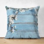 - Suet-K-5108 - Realhomes Çift Taraflı Mavi Ahşap Zeminli Bahar Motifli Süet Kırlent Kılıfı Realhomes