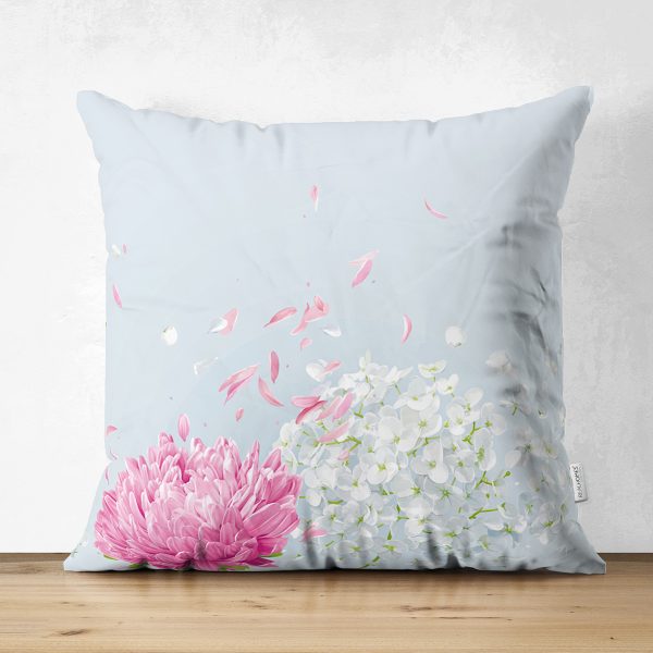 - Suet-K-5114 - Realhomes  Mavi Zeminde Fuşya Beyaz Ortanca Çiçeği Çift Taraflı Dijital Baskılı Süet Kırlent Kılıfı Realhomes