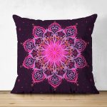 - Suet-K-5120 - Realhomes  Siyah Zeminde Pembe Neon Mandala Desenli Çift Taraflı Dekoratif Süet Kırlent Kılıfı Realhomes