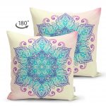 - Suet-K-5121-1 - Realhomes Pembe Zeminde Mavi Mandala Çizimli Modern Çift Taraflı Süet Yastık Kılıfı Realhomes