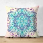 - Suet-K-5121 - Realhomes Pembe Zeminde Mavi Mandala Çizimli Modern Çift Taraflı Süet Yastık Kılıfı Realhomes
