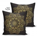- Suet-K-5123-1 - Realhomes Siyah Zeminde Gold Mandala Motifli Çift Taraflı Süet Yastık Kılıfı Realhomes