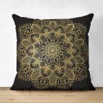 - Suet-K-5123 - Realhomes Siyah Zeminde Gold Mandala Motifli Çift Taraflı Süet Yastık Kılıfı Realhomes