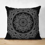Siyah Zeminde Beyaz Mandala Desenli Çift Taraflı Dekoratif Süet Yastık Kılıfı Realhomes