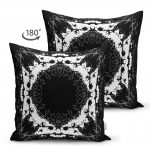 Siyah Zeminde Kare Mandala Desenli Çift Taraflı Özel Tasarım Süet Kırlent Kılıfı Realhomes