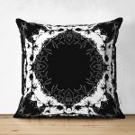 Siyah Zeminde Kare Mandala Desenli Çift Taraflı Özel Tasarım Süet Kırlent Kılıfı Realhomes
