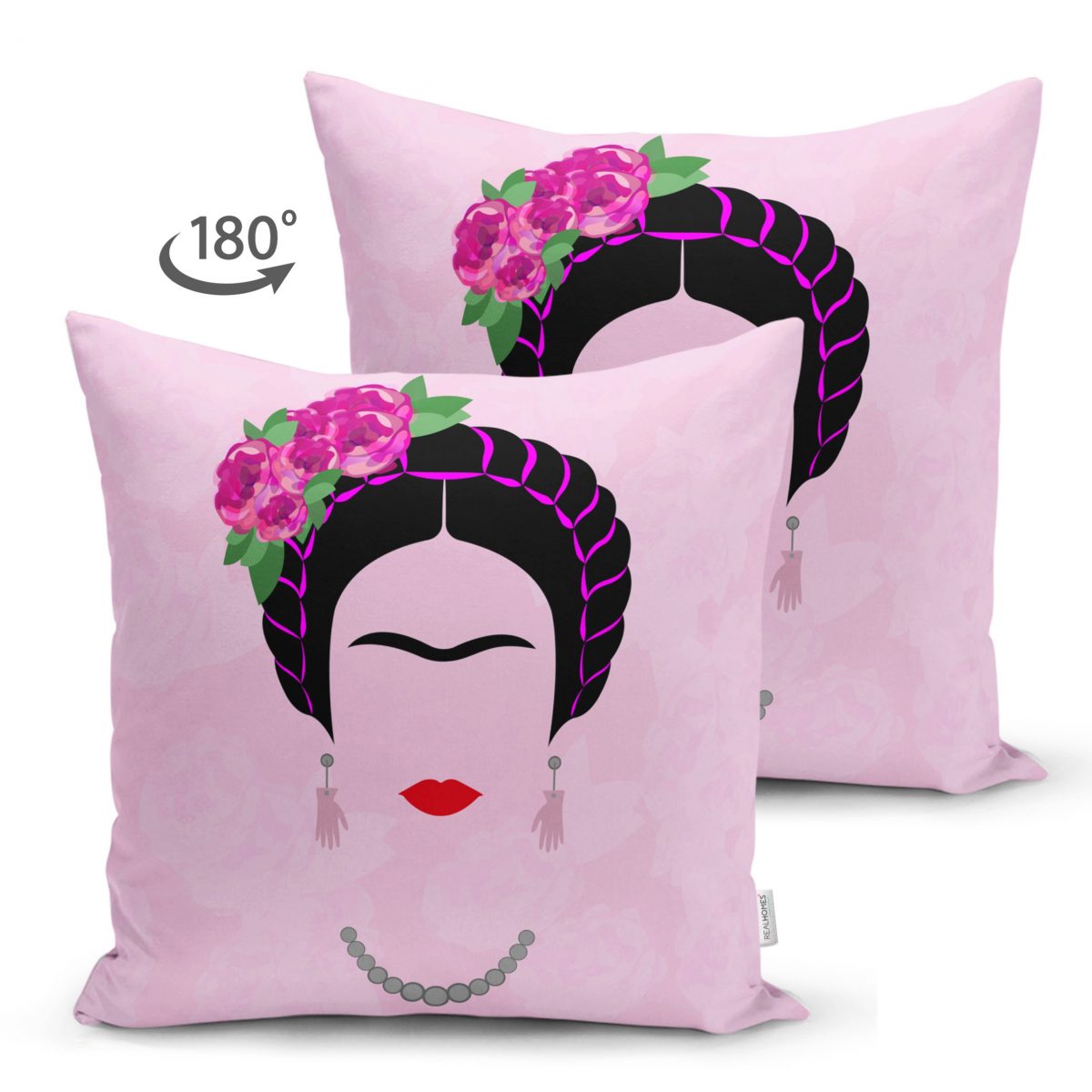 Pembe Zeminde Kahlo Frida Çift Taraflı Dijital Baskılı Süet Kırlent Kılıfı Realhomes